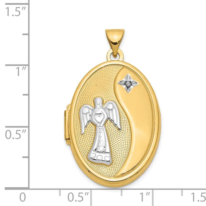 PreStyled Sets TreasureFineJewelers 14k Yellow Gold Rhodium w White Gold Rhodium Diamond Guardian Angel Oval Family Locket