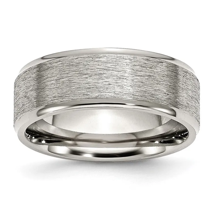 Rings Stainless Steel Polished wGrain Finish Center 8mm Ridged Edge Band TreasureFineJewelers Rings Stainless Steel Polished wGrain Finish Center 8mm Ridged Edge Band TreasureFineJewelers