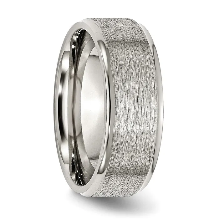 Rings Stainless Steel Polished wGrain Finish Center 8mm Ridged Edge Band TreasureFineJewelers