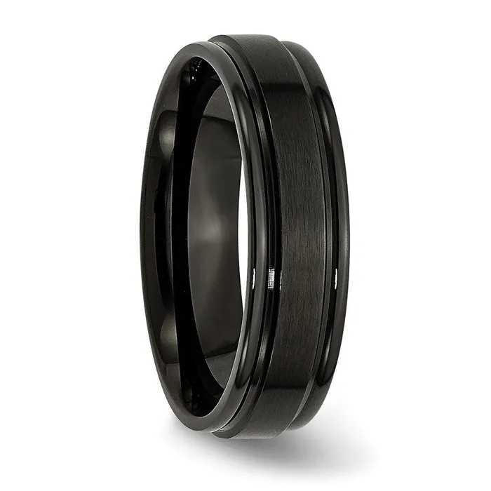 Stainless Steel 6mm Black IPplated Brushed CenterPolished Edges Band TreasureFineJewelers Rings