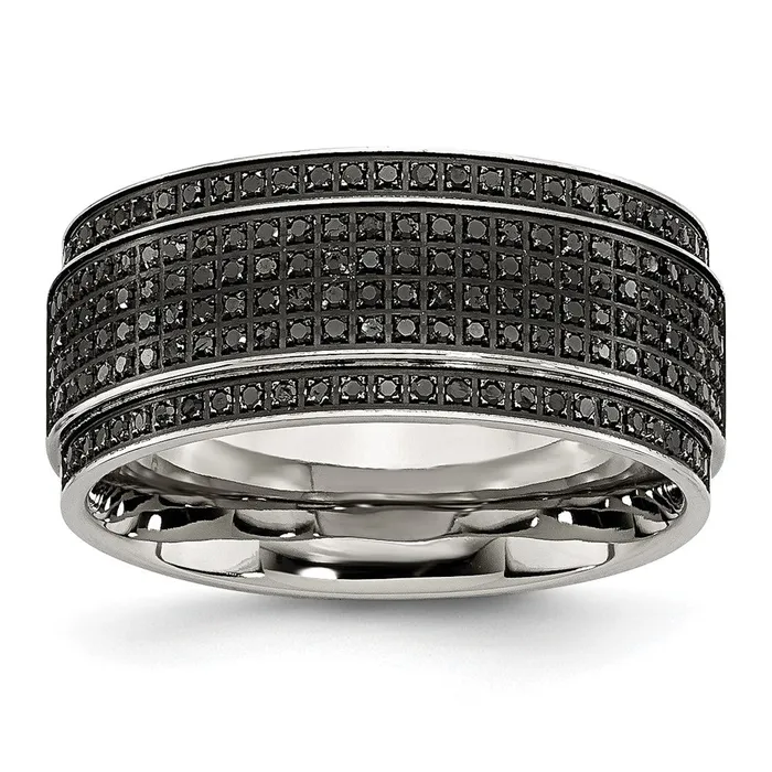 Stainless Steel Polished 12ct Black Diamond 10mm Ridged Edge Band TreasureFineJewelers Rings Stainless Steel Polished 12ct Black Diamond 10mm Ridged Edge Band TreasureFineJewelers Rings