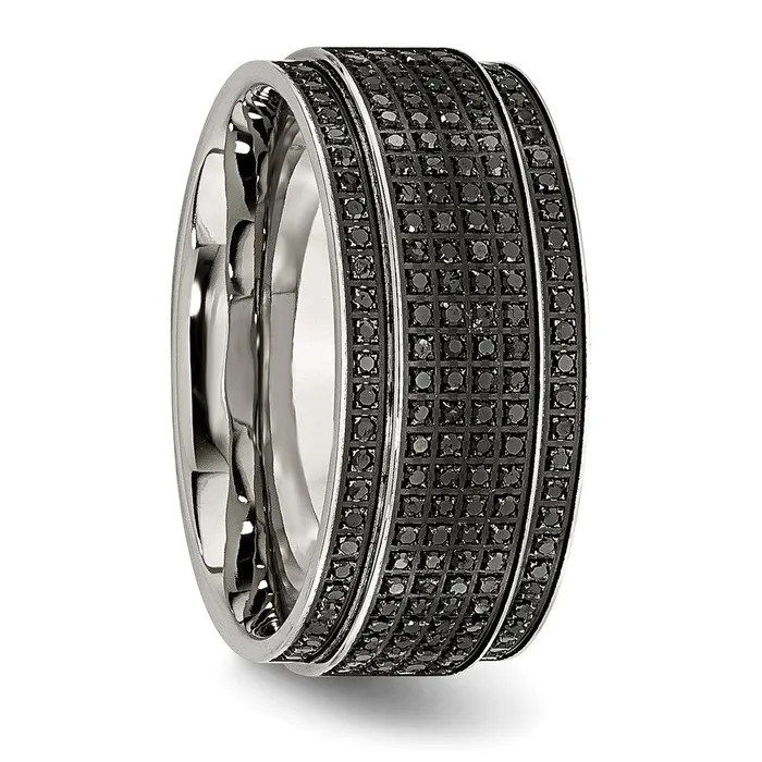 Stainless Steel Polished 12ct Black Diamond 10mm Ridged Edge Band TreasureFineJewelers Rings