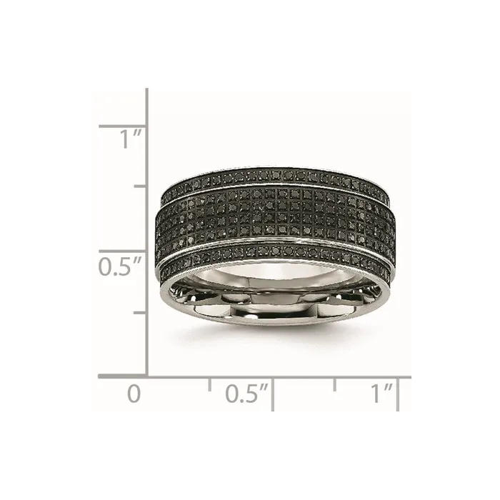 Stainless Steel Polished 12ct Black Diamond 10mm Ridged Edge Band TreasureFineJewelers Rings