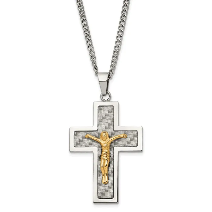 Stainless Steel Polished Yellow IP Grey CarbonFiber Inlay Crucifix Necklace TreasureFineJewelers Necklaces