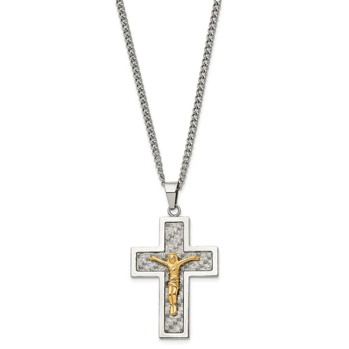 Stainless Steel Polished Yellow IP Grey CarbonFiber Inlay Crucifix Necklace TreasureFineJewelers Necklaces
