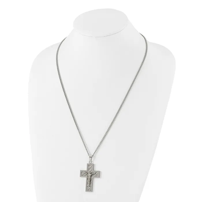 Stainless Steel Polished Yellow IP Grey CarbonFiber Inlay Crucifix Necklace TreasureFineJewelers Necklaces