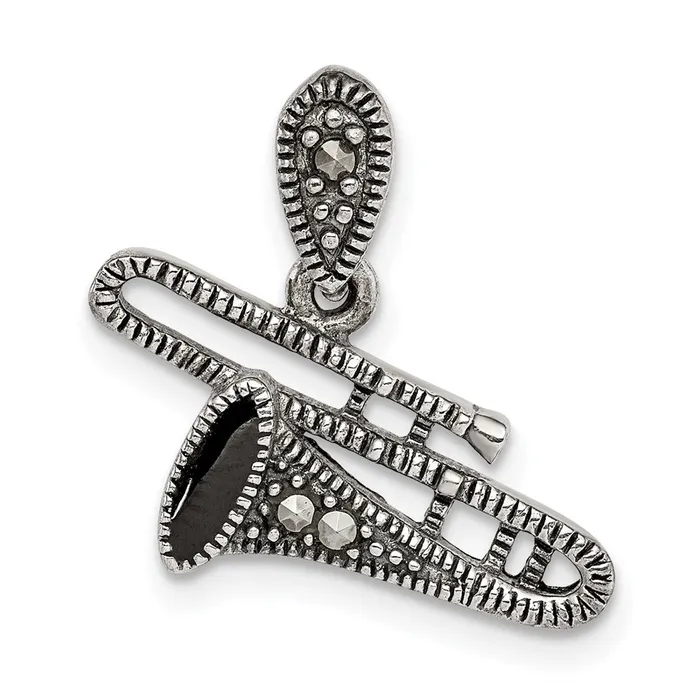 Sterling Silver Antiqued Marcasite Black Epoxy Trombone Pendant TreasureFineJewelers Necklaces Sterling Silver Antiqued Marcasite Black Epoxy Trombone Pendant TreasureFineJewelers Necklaces