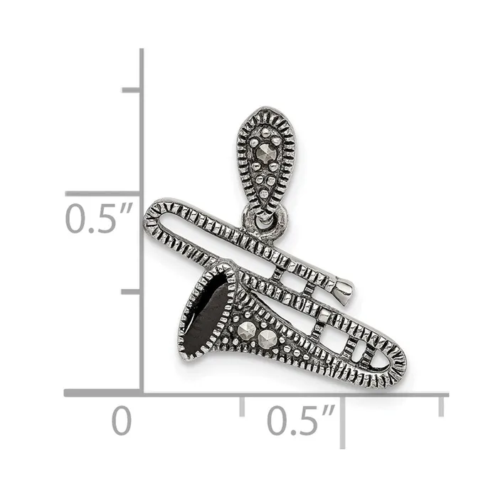 Sterling Silver Antiqued Marcasite Black Epoxy Trombone Pendant TreasureFineJewelers Necklaces