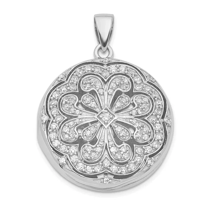 Sterling Silver Rhodiumplated CZ Flower Design 22mm Locket Pendant TreasureFineJewelers Necklaces Sterling Silver Rhodiumplated CZ Flower Design 22mm Locket Pendant TreasureFineJewelers Necklaces
