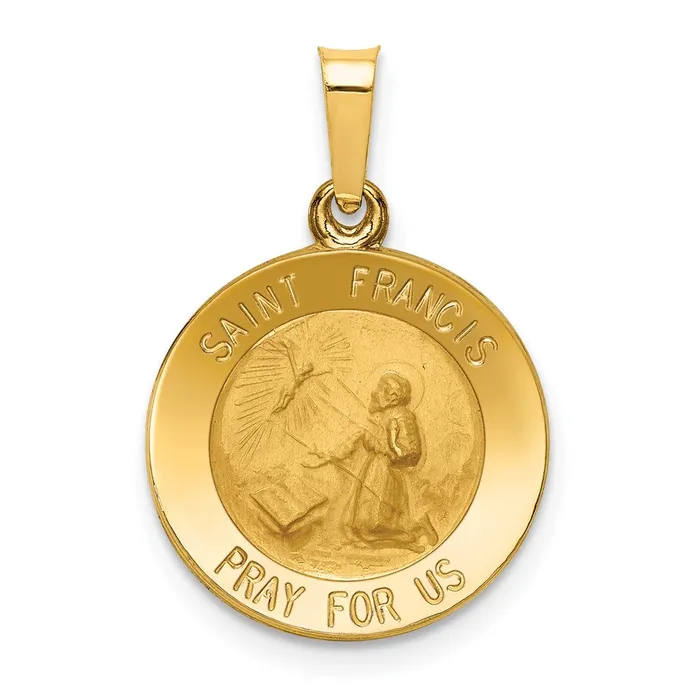 TreasureFineJewelers 14k Yellow Gold Polished and Satin St Francis Medal Hollow Pendant Necklaces
