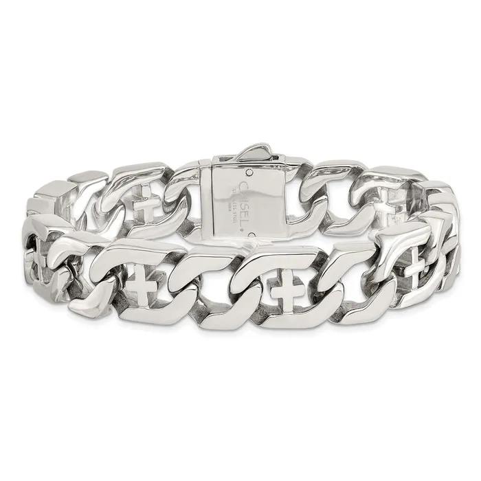 TreasureFineJewelers Bracelets Chisel Stainless Steel Polished Crosses 85 inch Link Bracelet