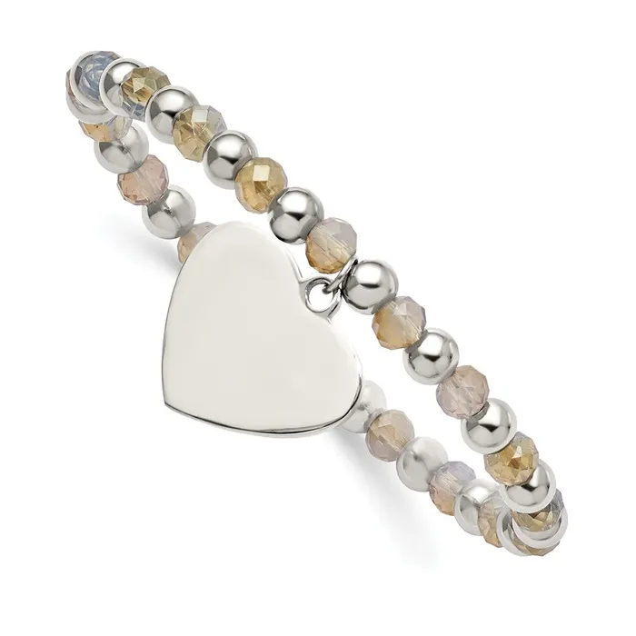 TreasureFineJewelers Bracelets Stainless Steel Polished with Glass Beads Heart Dangle Stretch Bracelet TreasureFineJewelers Bracelets Stainless Steel Polished with Glass Beads Heart Dangle Stretch Bracelet