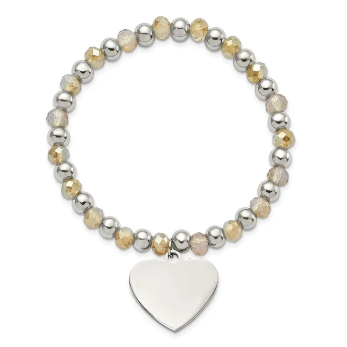 TreasureFineJewelers Bracelets Stainless Steel Polished with Glass Beads Heart Dangle Stretch Bracelet