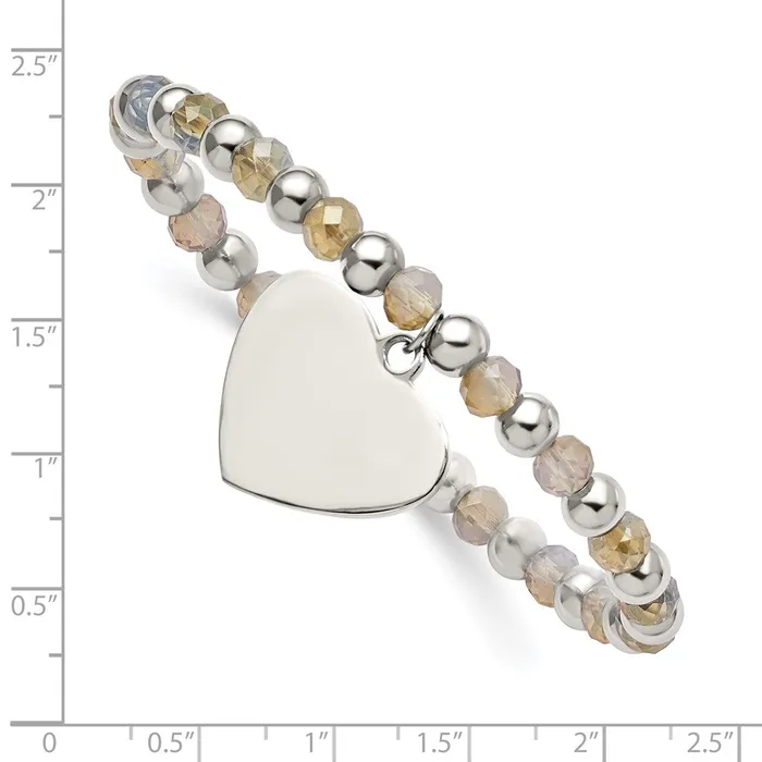TreasureFineJewelers Bracelets Stainless Steel Polished with Glass Beads Heart Dangle Stretch Bracelet