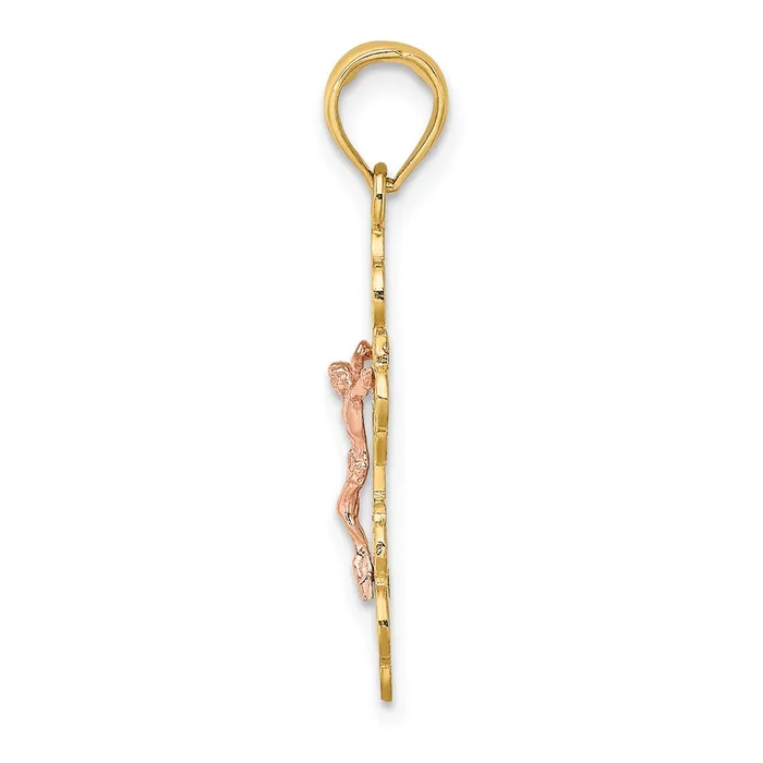 TreasureFineJewelers Charm Necklaces 14K TwoTone Crucifix W Scallop Trim Charm