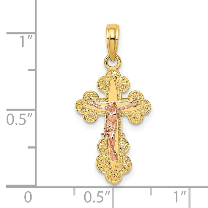TreasureFineJewelers Charm Necklaces 14K TwoTone Crucifix W Scallop Trim Charm