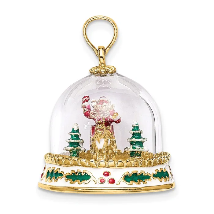 TreasureFineJewelers Charm Necklaces 14k Yellow Gold 3D Enameled Christmas Snow Globe Charm