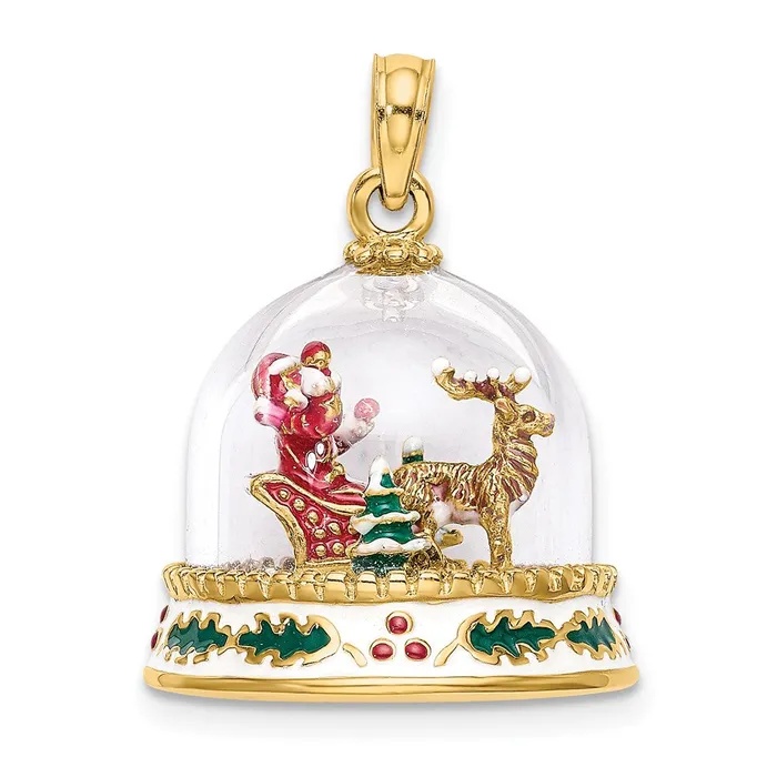 TreasureFineJewelers Charm Necklaces 14k Yellow Gold 3D Enameled Christmas Snow Globe Charm