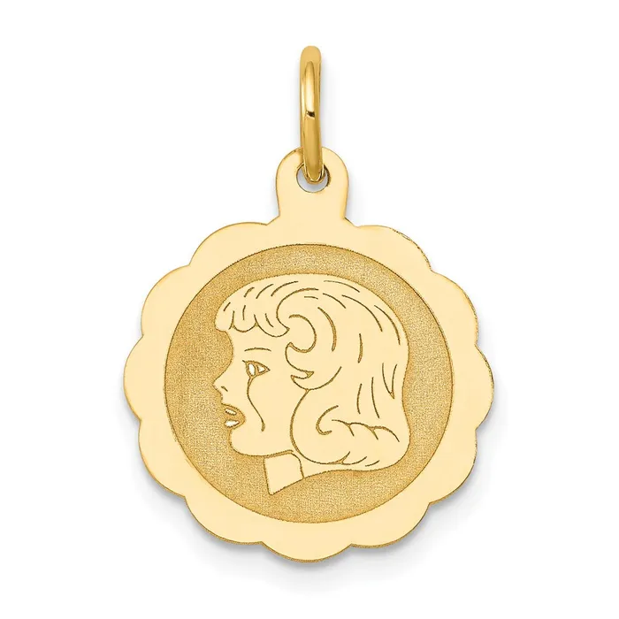 TreasureFineJewelers Charm Necklaces 14k Yellow Gold Girl Head on 013 Gauge Engravable Scalloped Disc Charm TreasureFineJewelers Charm Necklaces 14k Yellow Gold Girl Head on 013 Gauge Engravable Scalloped Disc Charm