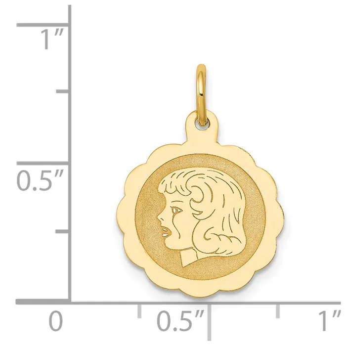TreasureFineJewelers Charm Necklaces 14k Yellow Gold Girl Head on 013 Gauge Engravable Scalloped Disc Charm