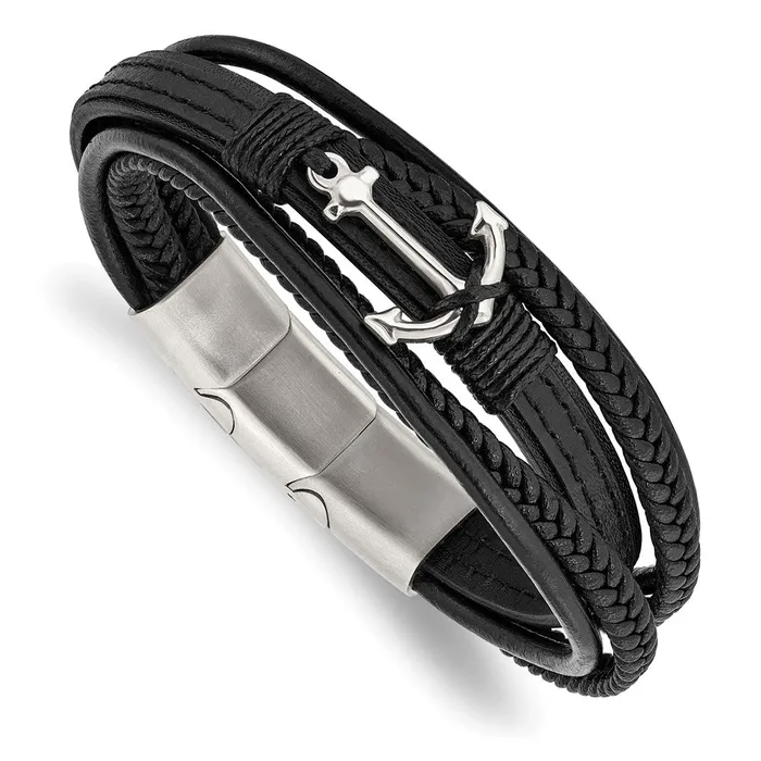 TreasureFineJewelers Chisel Stainless Steel Polished Anchor Black PU Leather 775 inch Bracelet with 5 inch Extension Bracelets TreasureFineJewelers Chisel Stainless Steel Polished Anchor Black PU Leather 775 inch Bracelet with 5 inch Extension Bracelets