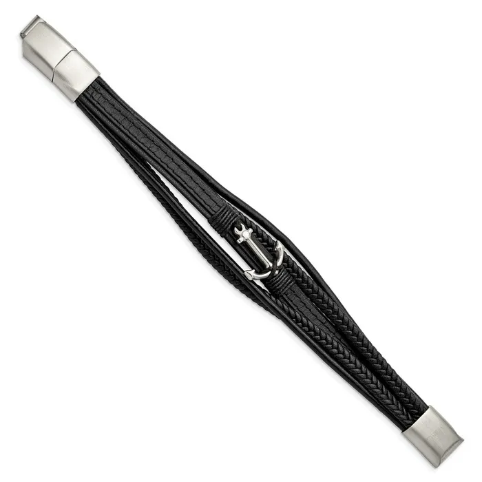 TreasureFineJewelers Chisel Stainless Steel Polished Anchor Black PU Leather 775 inch Bracelet with 5 inch Extension Bracelets