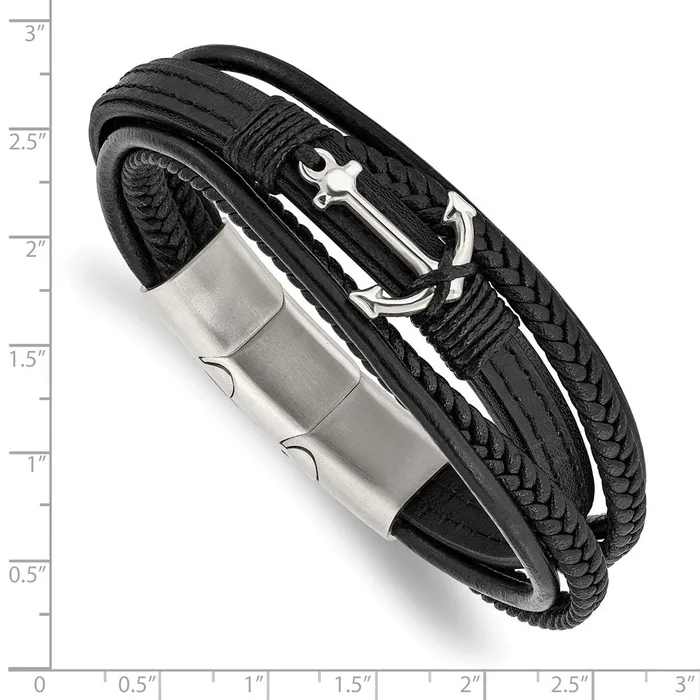 TreasureFineJewelers Chisel Stainless Steel Polished Anchor Black PU Leather 775 inch Bracelet with 5 inch Extension Bracelets