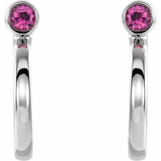 TreasureFineJewelers Earrings 14K White 2 mm Round Pink Tourmaline BezelSet Hoop Earrings