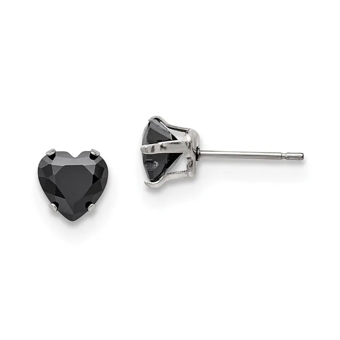 TreasureFineJewelers Earrings Stainless Steel Polished 7mm Black Heart CZ Stud Post Earrings TreasureFineJewelers Earrings Stainless Steel Polished 7mm Black Heart CZ Stud Post Earrings
