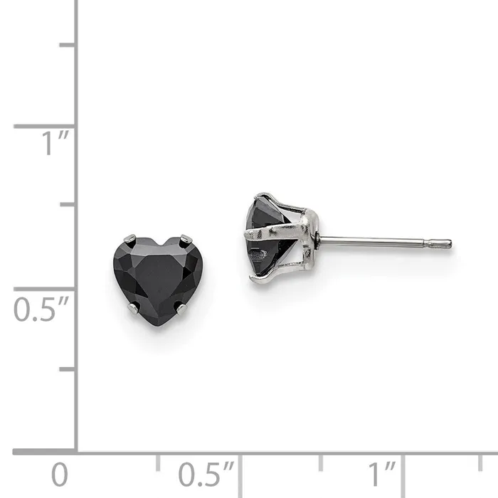 TreasureFineJewelers Earrings Stainless Steel Polished 7mm Black Heart CZ Stud Post Earrings