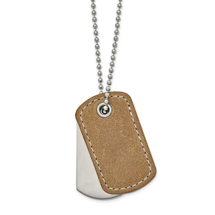 TreasureFineJewelers Necklaces Chisel Stainless Steel Brushed and Polished with Tan Leather 2 Piece Dog Tags on a 22 inch Ball Chain Necklace TreasureFineJewelers Necklaces Chisel Stainless Steel Brushed and Polished with Tan Leather 2 Piece Dog Tags on a 22 inch Ball Chain Necklace