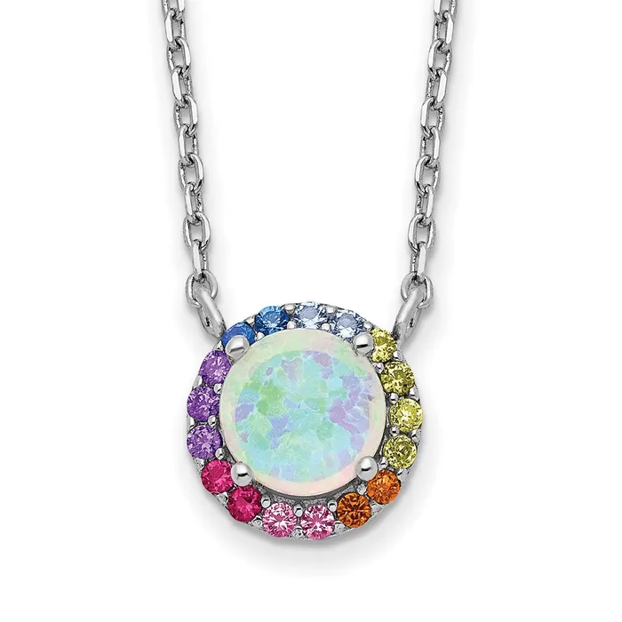 TreasureFineJewelers Necklaces Prizma Sterling Silver Rhodiumplated 16 inch Lab Created Opal and Colorful CZ Round Necklace with 2 inch Extender TreasureFineJewelers Necklaces Prizma Sterling Silver Rhodiumplated 16 inch Lab Created Opal and Colorful CZ Round Necklace with 2 inch Extender