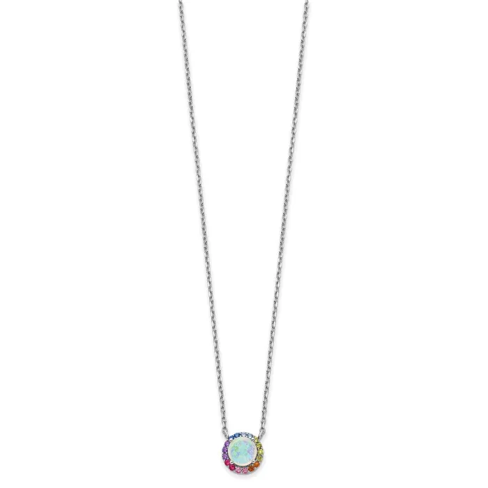 TreasureFineJewelers Necklaces Prizma Sterling Silver Rhodiumplated 16 inch Lab Created Opal and Colorful CZ Round Necklace with 2 inch Extender