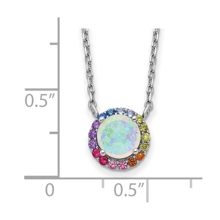 TreasureFineJewelers Necklaces Prizma Sterling Silver Rhodiumplated 16 inch Lab Created Opal and Colorful CZ Round Necklace with 2 inch Extender