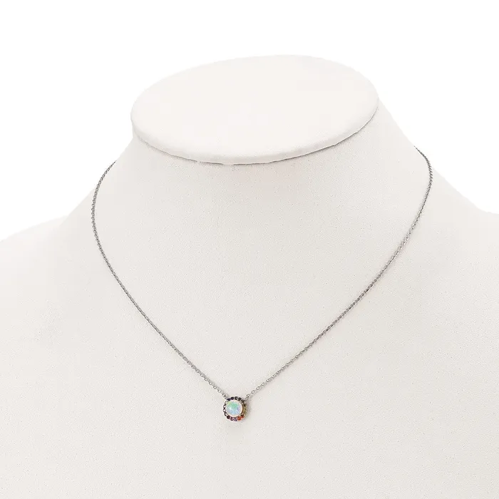 TreasureFineJewelers Necklaces Prizma Sterling Silver Rhodiumplated 16 inch Lab Created Opal and Colorful CZ Round Necklace with 2 inch Extender