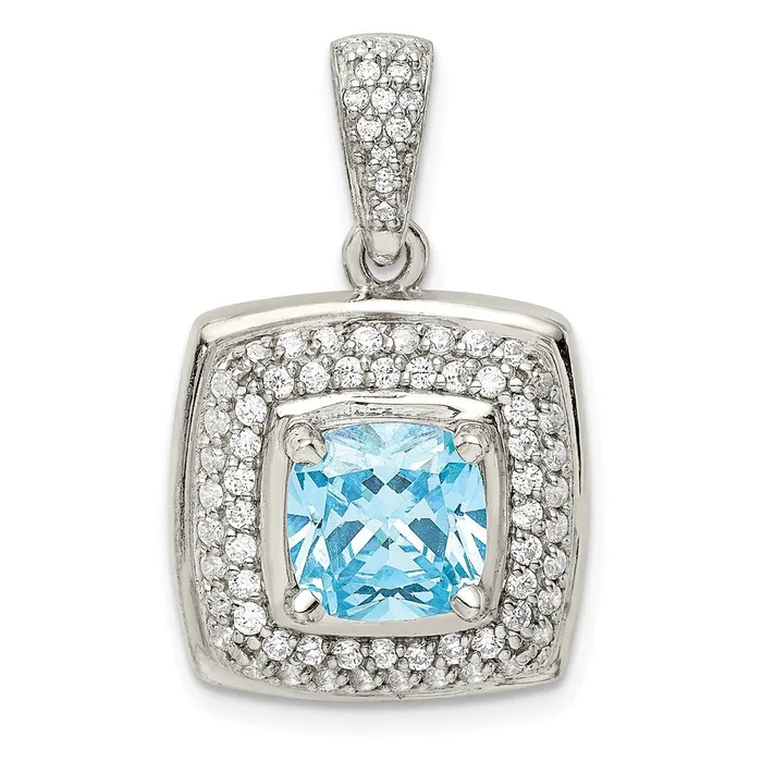 TreasureFineJewelers Necklaces Sterling Silver Blue White CZ Square Pendant