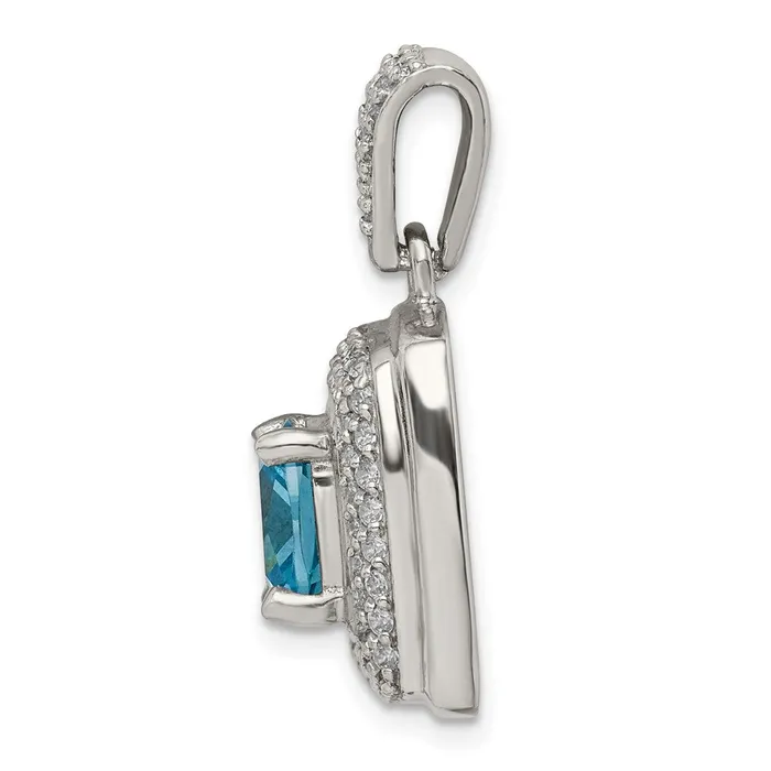 TreasureFineJewelers Necklaces Sterling Silver Blue White CZ Square Pendant