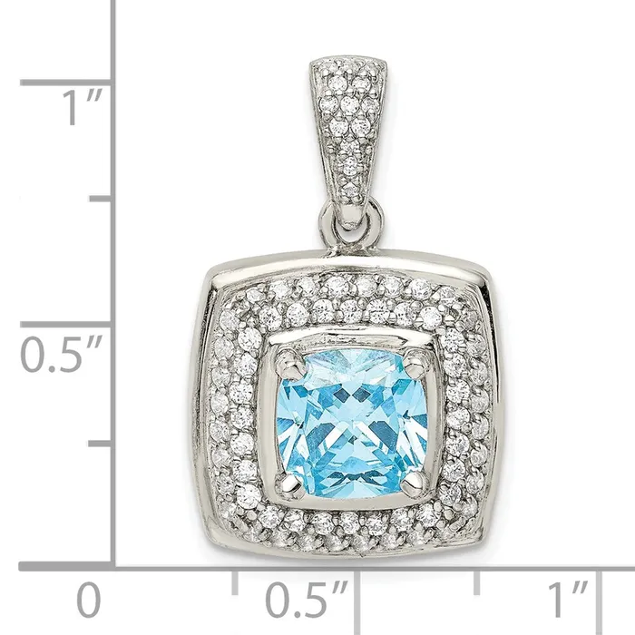 TreasureFineJewelers Necklaces Sterling Silver Blue White CZ Square Pendant