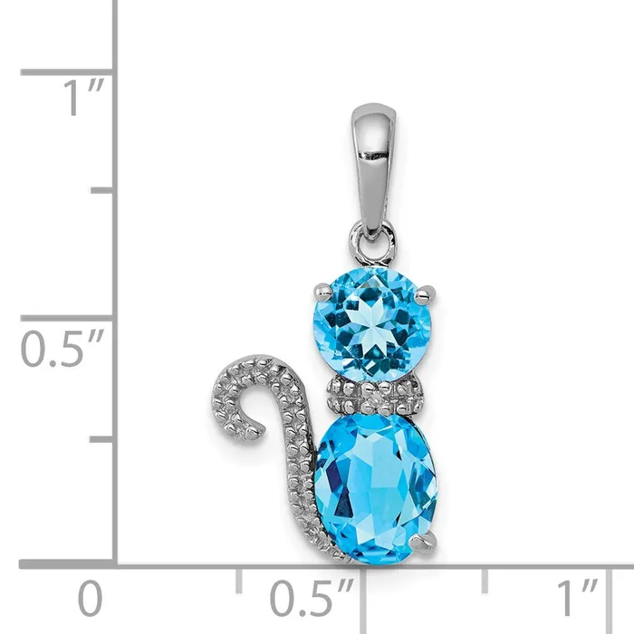 TreasureFineJewelers Necklaces Sterling Silver Rhodiumplated Blue Topaz and Diamond Cat Pendant