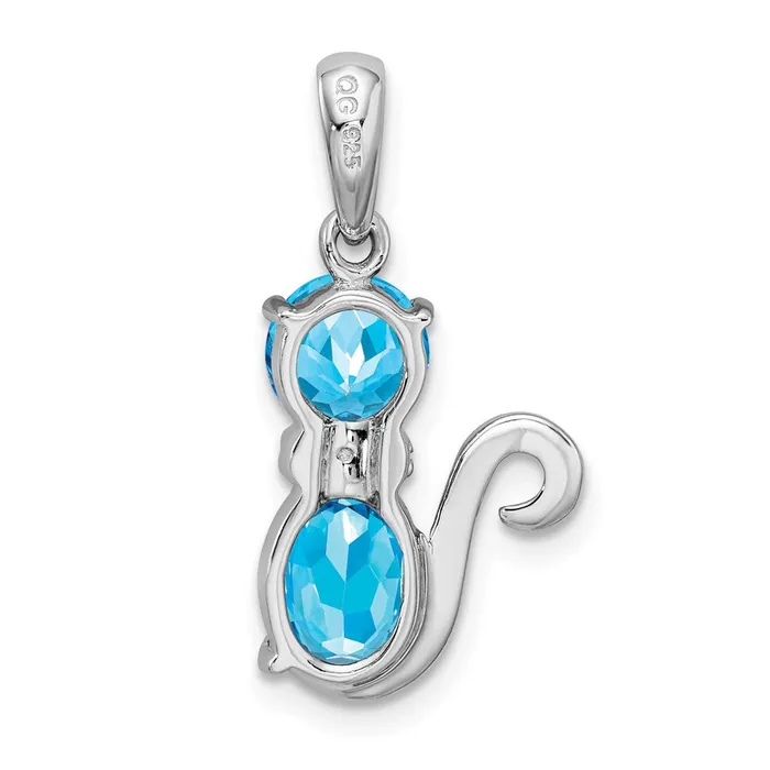 TreasureFineJewelers Necklaces Sterling Silver Rhodiumplated Blue Topaz and Diamond Cat Pendant
