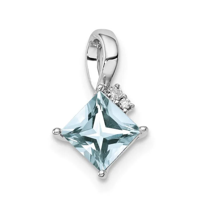 TreasureFineJewelers Necklaces Sterling Silver Rhodium Plated Dia Aquamarine Square Pendant TreasureFineJewelers Necklaces Sterling Silver Rhodium Plated Dia Aquamarine Square Pendant