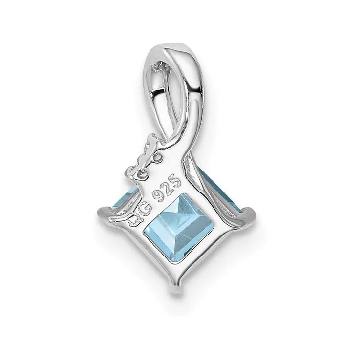 TreasureFineJewelers Necklaces Sterling Silver Rhodium Plated Dia Aquamarine Square Pendant