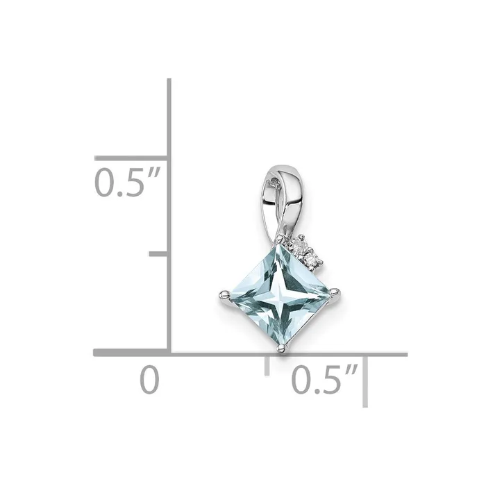 TreasureFineJewelers Necklaces Sterling Silver Rhodium Plated Dia Aquamarine Square Pendant