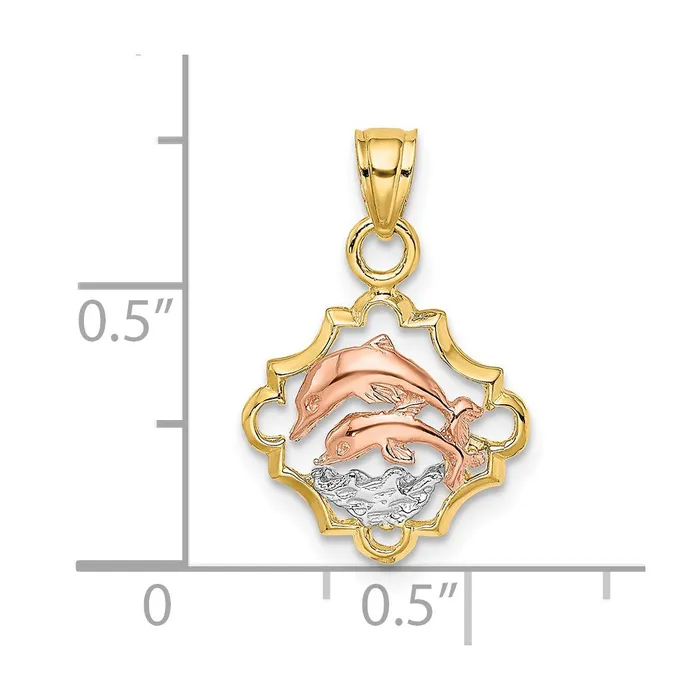 TreasureFineJewelers Rings 14k Twotone with White Rhodium Double Dolphins In Frame Charm