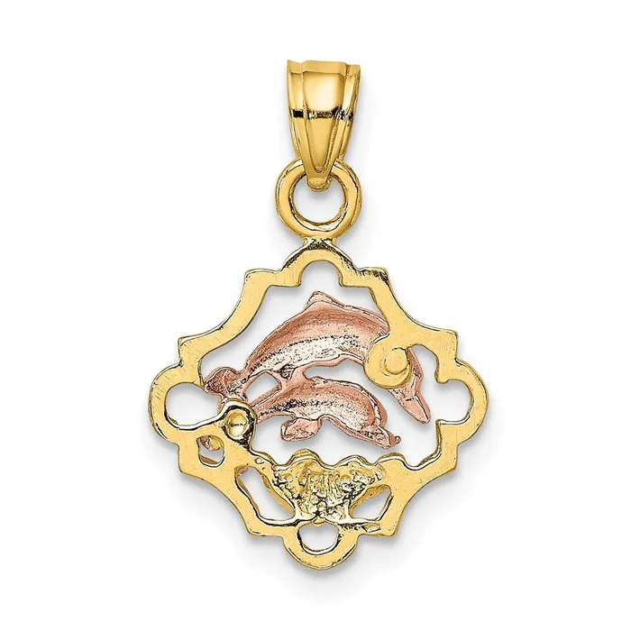 TreasureFineJewelers Rings 14k Twotone with White Rhodium Double Dolphins In Frame Charm