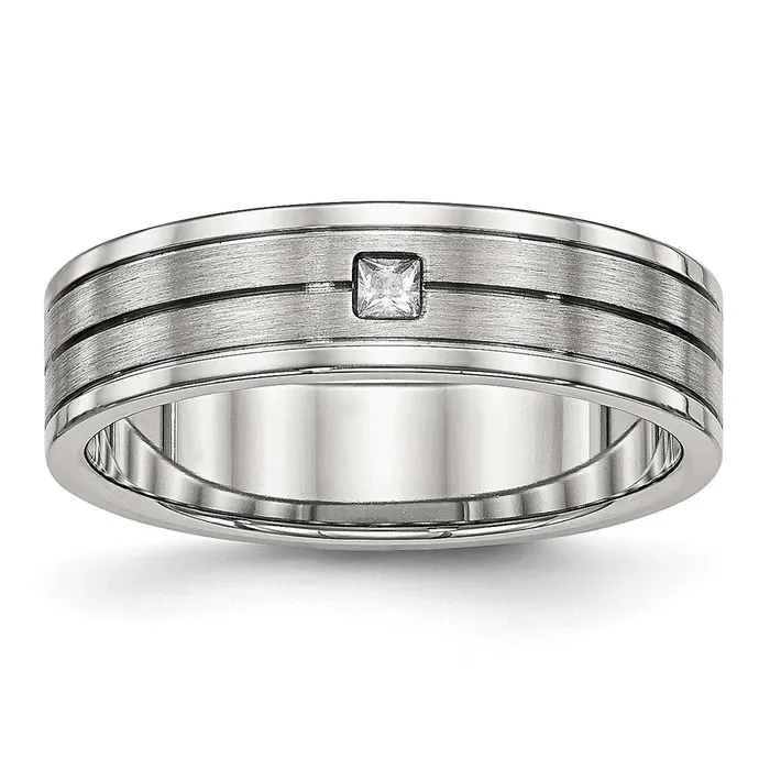 TreasureFineJewelers Rings Stainless Steel Polished wBrushed Center CZ 6mm Grooved Band TreasureFineJewelers Rings Stainless Steel Polished wBrushed Center CZ 6mm Grooved Band