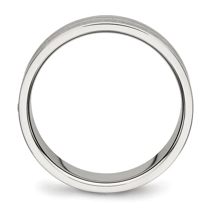 TreasureFineJewelers Rings Stainless Steel Polished wBrushed Center CZ 6mm Grooved Band