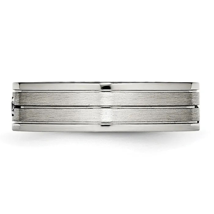 TreasureFineJewelers Rings Stainless Steel Polished wBrushed Center CZ 6mm Grooved Band