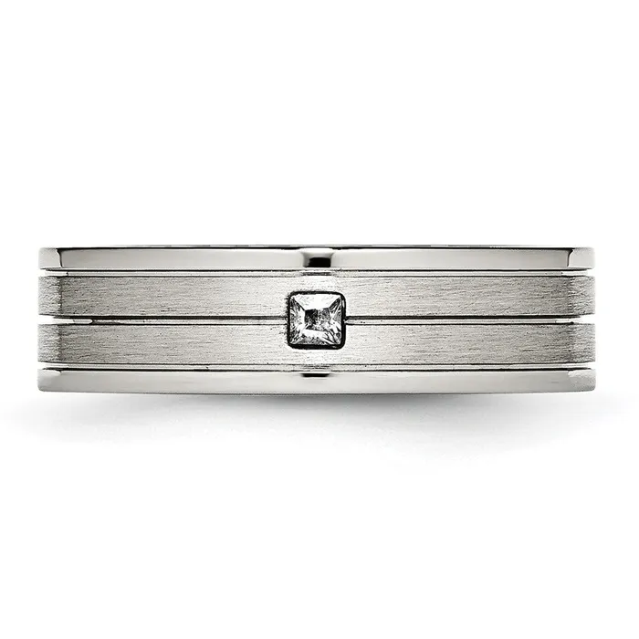 TreasureFineJewelers Rings Stainless Steel Polished wBrushed Center CZ 6mm Grooved Band