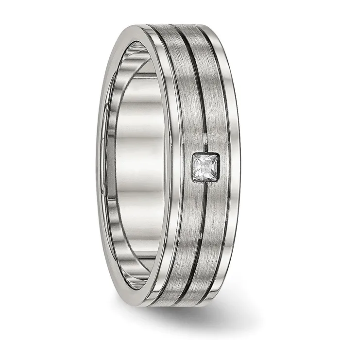 TreasureFineJewelers Rings Stainless Steel Polished wBrushed Center CZ 6mm Grooved Band